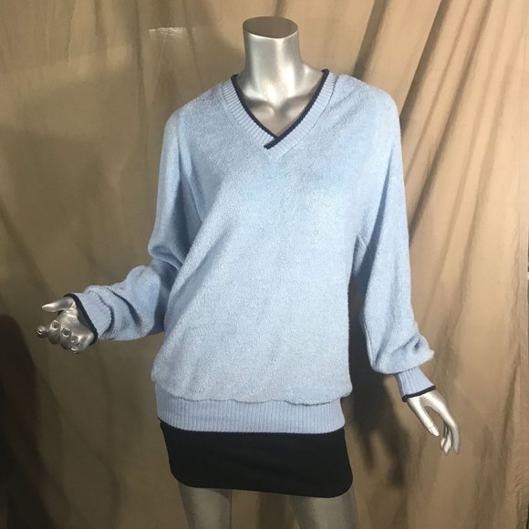 Charming Forge Vintage USA Large Blue V Neck Sweater Ribbed Cuffs and Hem Pullov - Picture 3 of 16